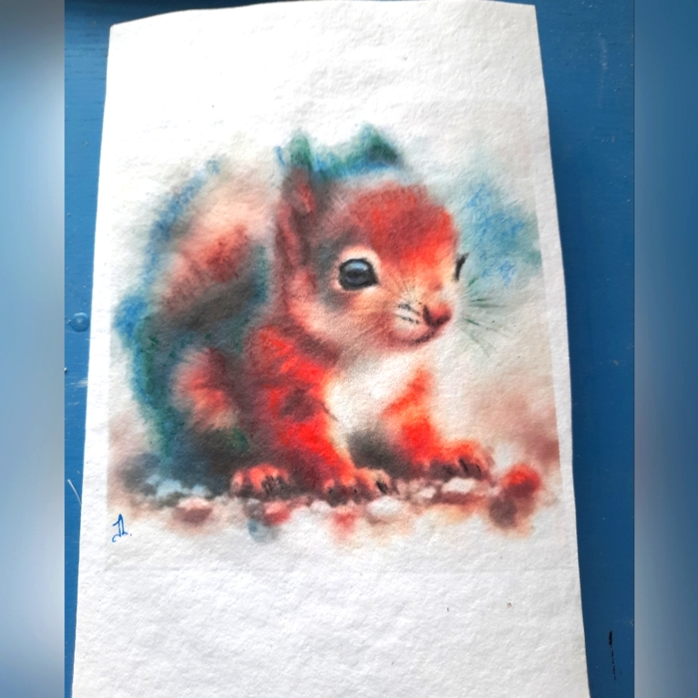 Cute Squirel in brown and blue colors / 5 x 8 inches plantable flowers seed card